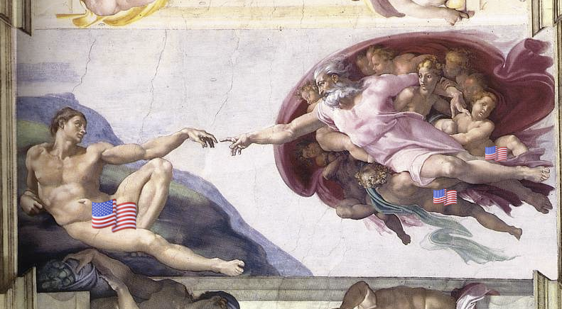 "The Creation of Adam" ceiling art by Michelangelo, censored by USA flags.